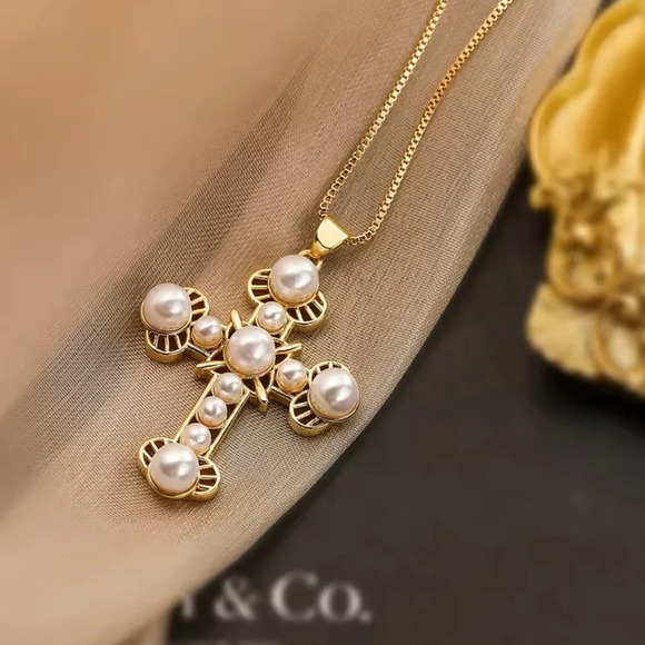 Eva Pearl Cross Gold Necklace - Picture 1 of 6